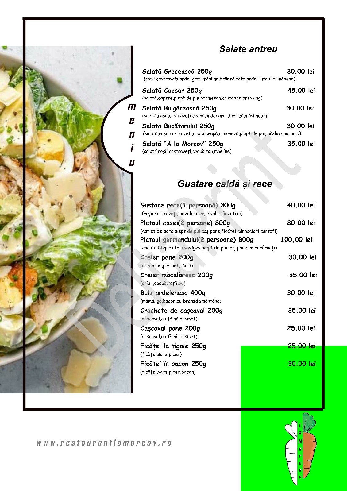 Restaurant La Morcov - Grandiere Events - Ogrezeni Giurgiu Meniu