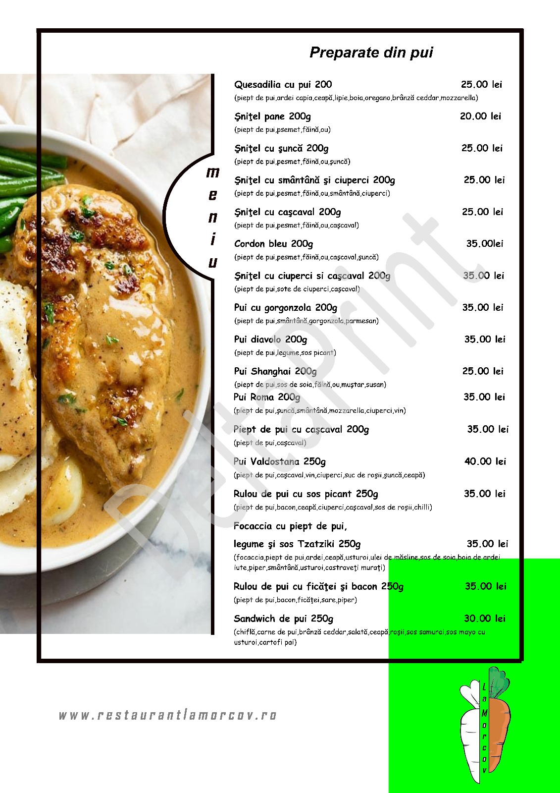 Restaurant La Morcov - Grandiere Events - Ogrezeni Giurgiu Meniu