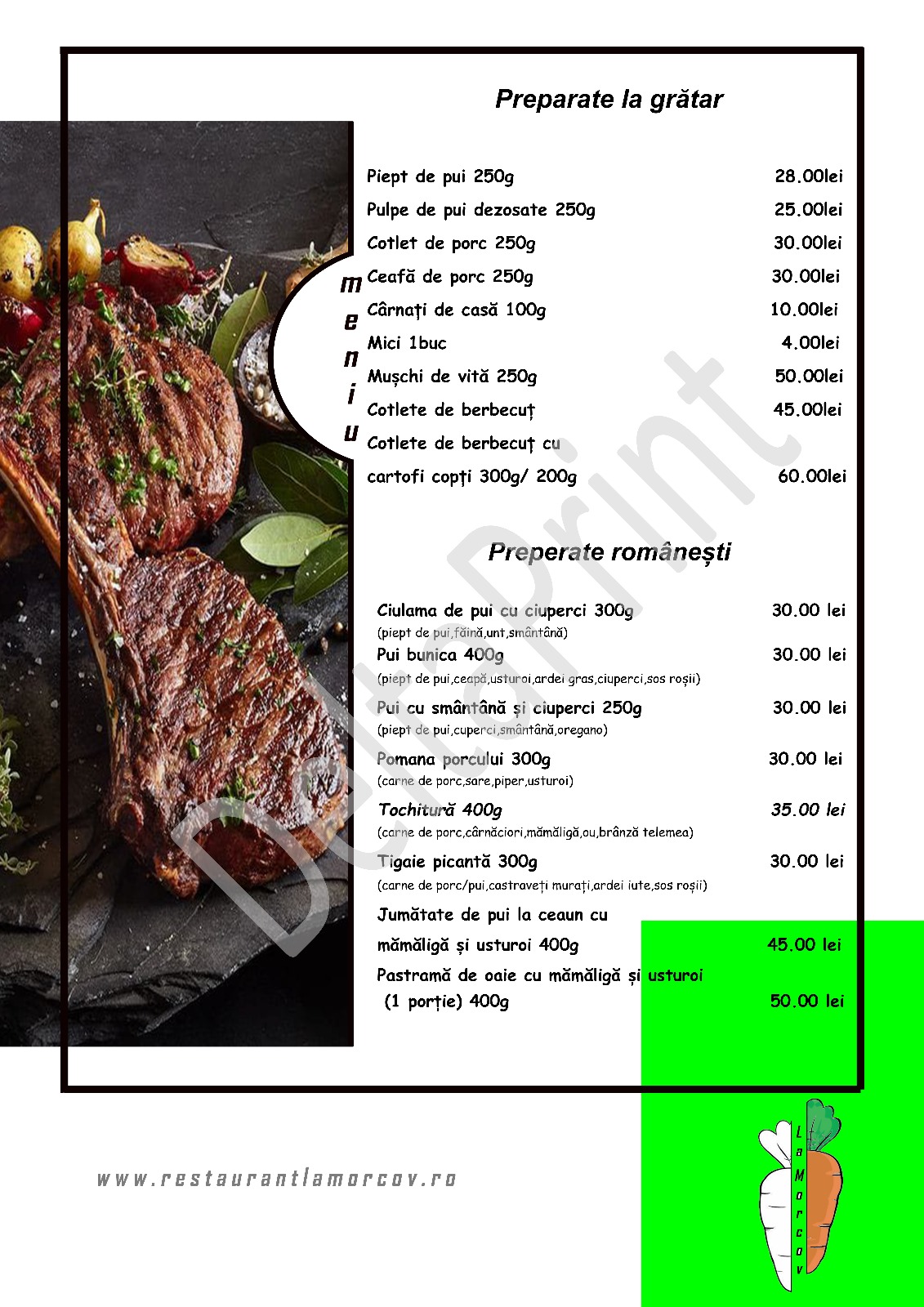 Restaurant La Morcov - Grandiere Events - Ogrezeni Giurgiu Meniu