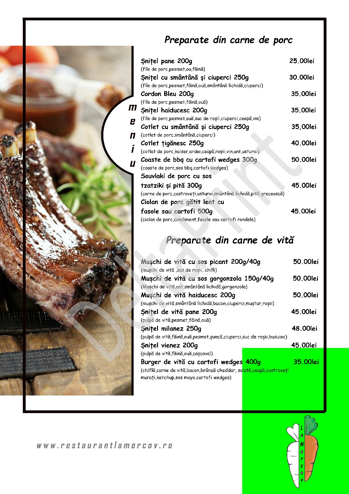 Restaurant La Morcov - Grandiere Events - Ogrezeni Giurgiu Meniu