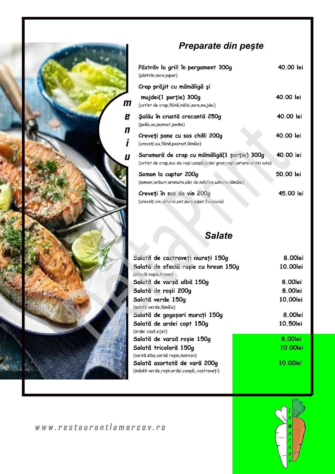 Restaurant La Morcov - Grandiere Events - Ogrezeni Giurgiu Meniu
